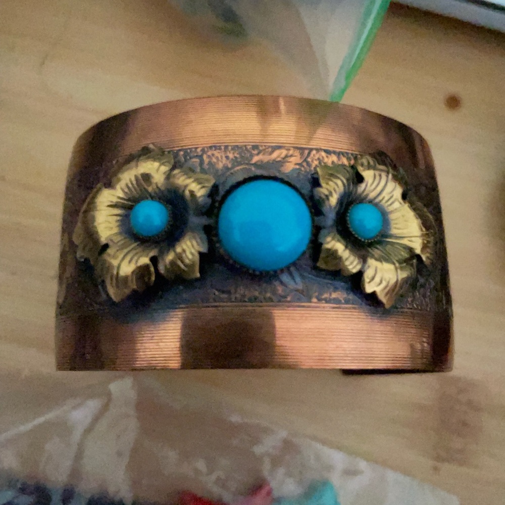 Copper Cuff Bracelet with Turquoise and Floral Design